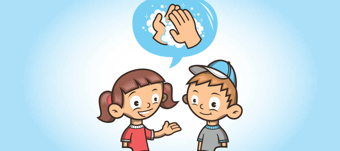 Illustrasjon av en gutt og en jente i barnehagen som snakker om håndhygiene